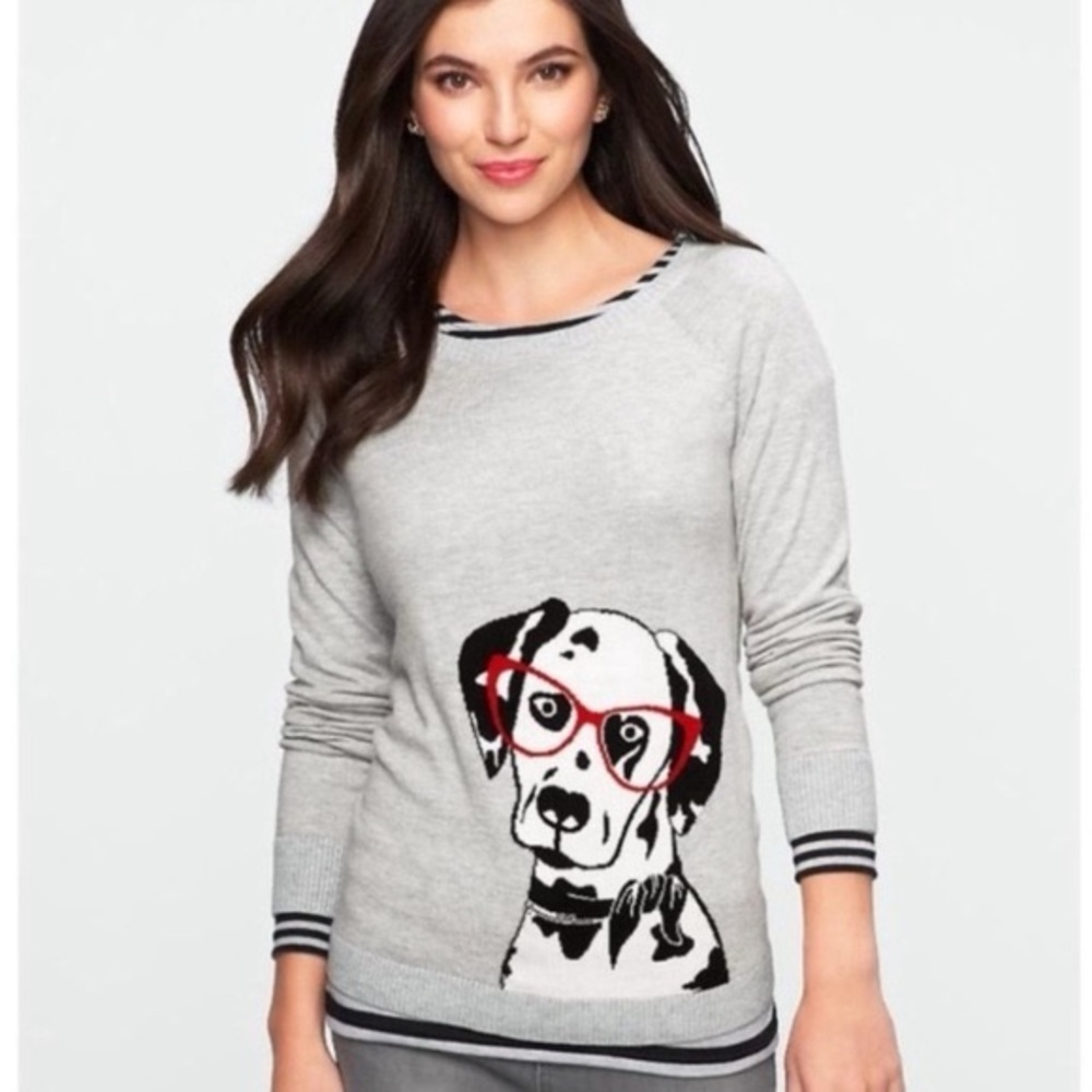 Like New Talbots Dalmatian Wearing Glasses Crew Neck Sweater